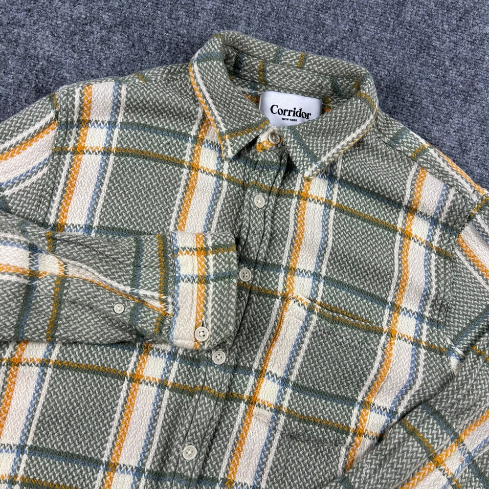 Corridor NYC Flannel Shirt Mens Small Green Plaid Textured Long Sleeve Cotton